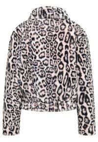 Leren faux fur jas met luipaardprint, een kraag, elastische zoom en lange mouwen. Heeft een zachte textuur in roze en zwarte tinten.