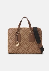 Borsa tote marrone con motivo a fantasia, dettagli in pelle liscia, doppi manici superiori, tracolla staccabile e dettagli in oro.