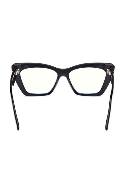 Monture de lunettes noire en forme d'œil de chat avec verres clairs et finition brillante, vue de face sur fond blanc.