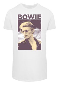 White cotton T-shirt featuring a graphic of a person with blonde hair and sunglasses, accompanied by the text "BOWIE" in bold letters.