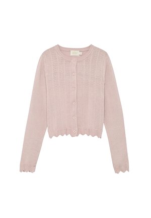 Lyserød strikket cardigan med rund halsudskæring, knaplukning foran samt bølget kant nederst og ved ærmerne. Strikket med tekstureret mønster over det hele.