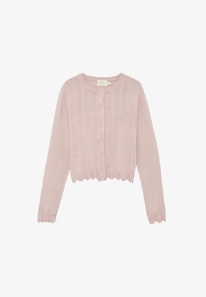 Lichtroze gebreid vest met een ronde halslijn, knoopsluiting aan de voorkant en een geschulpte zoom en manchetten. Geheel voorzien van een gestructureerd patroon.