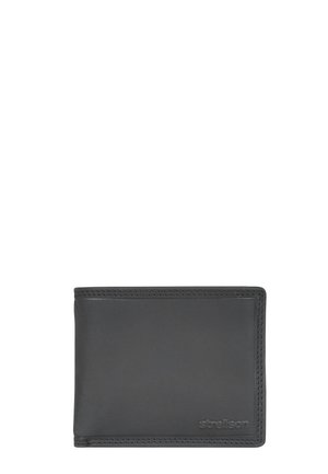 Portafoglio bifold in pelle nera con cuciture visibili e un piccolo logo "strellson" in rilievo nell'angolo in basso a destra.