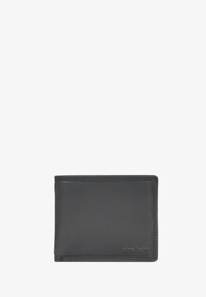 Black leather bifold wallet with visible stitching and a small embossed "strellson" logo on the bottom right corner.