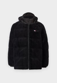 Svart puffjacka i mjukt fleece, med hög krage, fullängds dragkedja och horisontellt kviltat mönster. Inkluderar logotypdetalj.