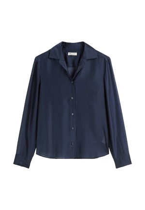 Marineblauwe blouse met lange mouwen, een kraaghals, voorknoopsluiting en een iets doorzichtige stof. Heeft een ontspannen pasvorm en een zijsplit.