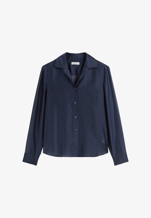 Marineblauwe blouse met lange mouwen, een kraaghals, voorknoopsluiting en een iets doorzichtige stof. Heeft een ontspannen pasvorm en een zijsplit.