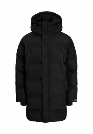 Black puffer jacket with a hood. Features zippered pockets, a front closure, and a quilted texture. Made from insulated material.