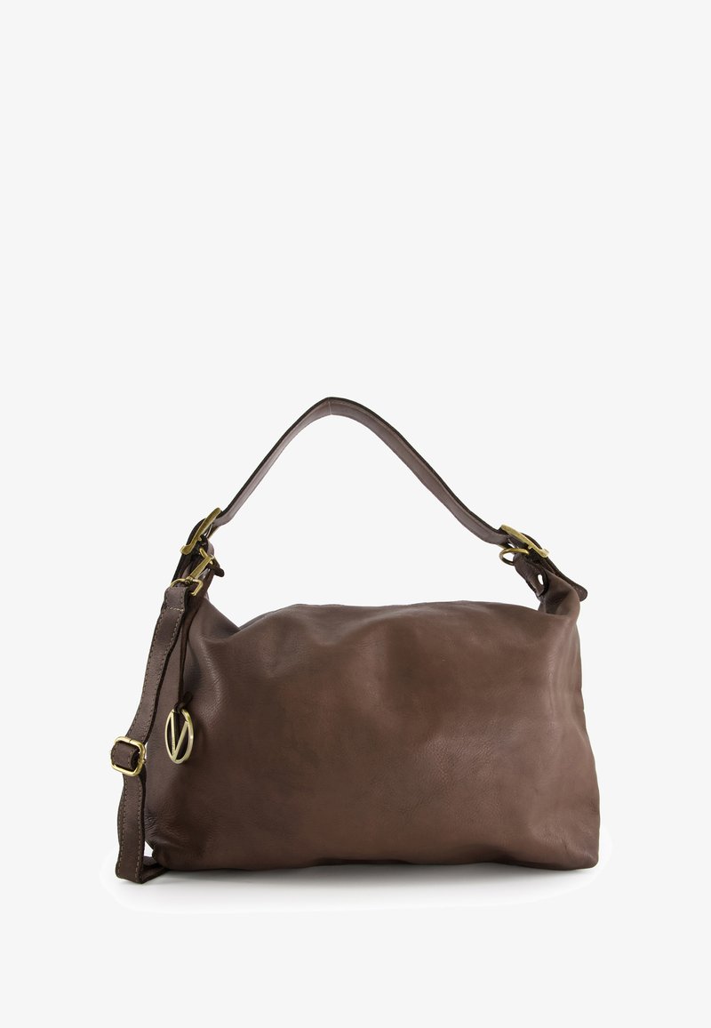 Brown leather handbag with a soft texture, rounded shape, a long adjustable strap, and gold-tone hardware accent. Notable logo charm included.