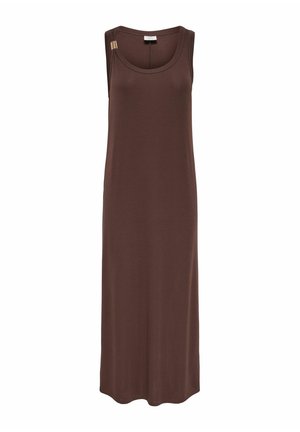 Vestito marrone senza maniche, con scollo a barchetta, lunghezza alla caviglia, design minimalista e piccolo dettaglio con chiusura metallica su una spalla.