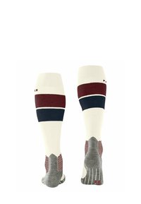 Calze al ginocchio color crema, con righe maroon e navy. Zona del tallone e delle punte grigia con texture, caratterizzata da motivi orizzontali e verticali.