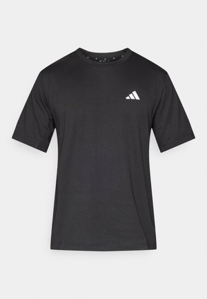 Μαύρο κοντομάνικο μπλουζάκι φτιαγμένο από ύφασμα με λεία υφή; διαθέτει ένα λευκό λογότυπο στο στήθος και στρογγυλή λαιμόκοψη.