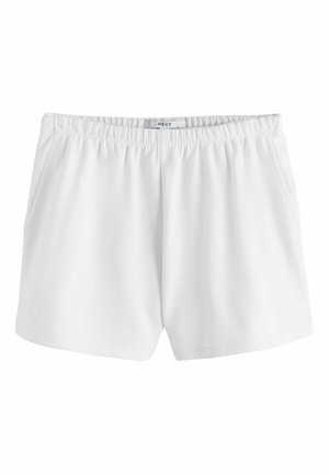Białe szorty z elastyczną talią, posiadające boczne kieszenie i gładką tkaninę, z metką "NEXT" wewnątrz pasa.