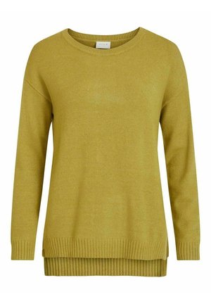 Sweter dzianinowy z długim rękawem w kolorze musztardowym, z prążkowanymi mankietami i dołem, posiadający okrągły dekolt oraz nieco dłuższy tylny brzeg.