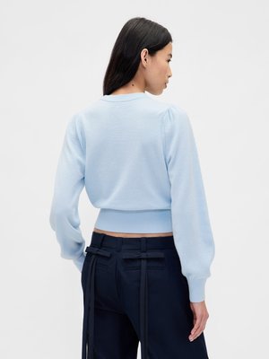 Helehelesin helesinine kootud kampsun, millel on puhvis varrukad ja soonikäär. Kombineeritud tumehallide pükstega, millel on seljal sidemed ja taskud.