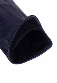 Navy leather glove with a soft, black fleece lining, featuring stitched details on the back and a smooth, rounded cuff opening.