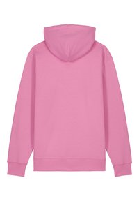 Roze hoodie met een zachte textuur, lange mouwen en een relaxte pasvorm. Heeft een kangoeroezak en ribbelboorden bij de mouwen en onderkant.