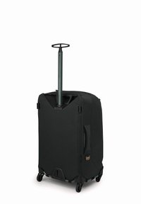 Valigia nera con ruote, manico telescopico, tessuto testurizzato e manico laterale. Dotata di ruote resistenti e di un design minimalista.