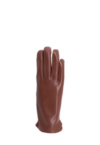 Guanto in pelle marrone con cinque scomparti per le dita, texture liscia, vestibilità aderente e senza hardware o accenti visibili. Design semplice.
