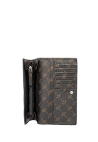 Černá peněženka s texturovaným povrchem a hnědým vzorem. Má několik přihrádek na karty, přihrádku na zip a zapínání na patentku.