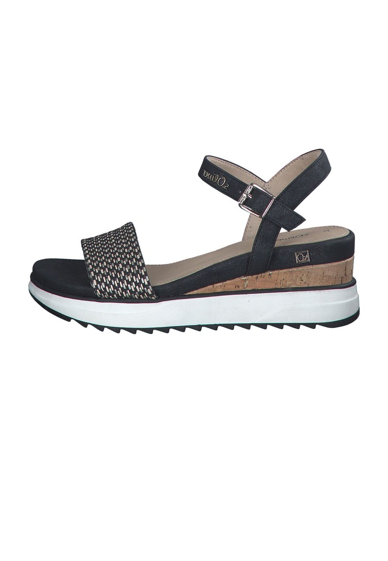 Zwarte sandalen met een bovenwerk van textiel met structuur, kurken tussenzool, witte rubberen buitenzool en een verstelbare enkelband voor een goede pasvorm.