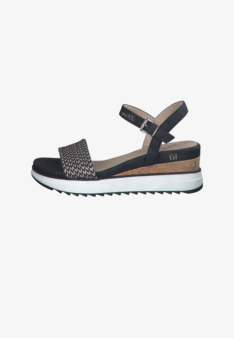 Zwarte sandalen met een bovenwerk van textiel met structuur, kurken tussenzool, witte rubberen buitenzool en een verstelbare enkelband voor een goede pasvorm.