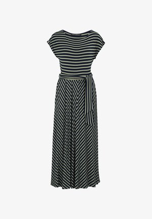 Pasiasta sukienka maxi w ciemnym granacie i oliwkowej zieleni, z krótkimi rękawami, dopasowaną talią i wiązanym paskiem, wykonana z miękkiego materiału.