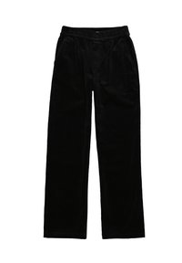 Pantalones de pana negros con un corte relajado, cinturilla elástica y dos bolsillos laterales. Textura suave, diseño de pierna recta, sin patrones visibles.