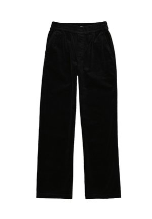 Zwarte corduroypantalons met een relaxte pasvorm, elastische tailleband en twee zijzakken. Zachte textuur, recht model, geen zichtbare patronen.