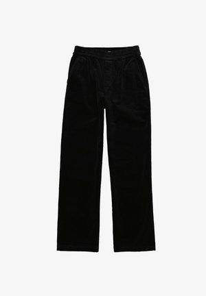 Black corduroy pants with a relaxed fit, elastic waistband, and two side pockets. Soft texture, straight leg design, no visible patterns.