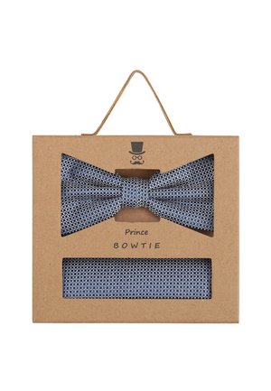 Blue and gray checkered bow tie and matching pocket square in a transparent display box with a kraft paper finish and hanging string.