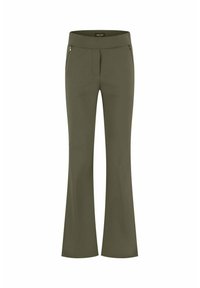 Olijfgroene flared broek van gladde stof, met een brede tailleband en twee met rits afgesloten voorzakken, ontworpen voor een aansluitende look.