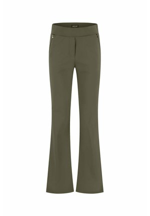 Olijfgroene flared broek van gladde stof, met een brede tailleband en twee met rits afgesloten voorzakken, ontworpen voor een aansluitende look.