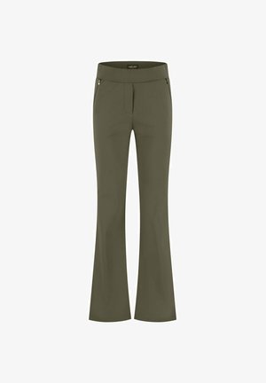 Olijfgroene flared broek van gladde stof, met een brede tailleband en twee met rits afgesloten voorzakken, ontworpen voor een aansluitende look.