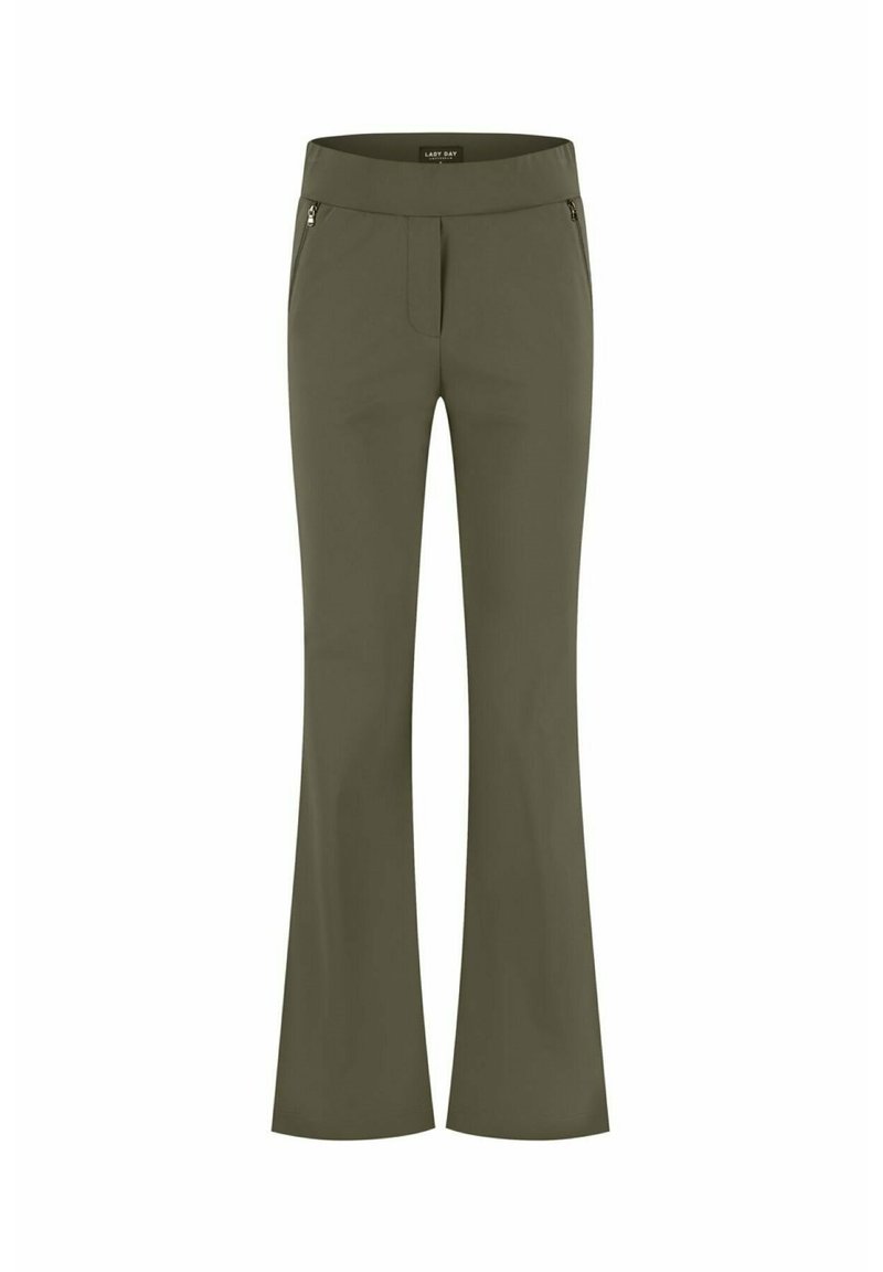 Olijfgroene flared broek van gladde stof, met een brede tailleband en twee met rits afgesloten voorzakken, ontworpen voor een aansluitende look.