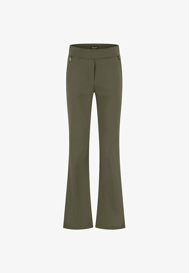Olijfgroene flared broek van gladde stof, met een brede tailleband en twee met rits afgesloten voorzakken, ontworpen voor een aansluitende look.