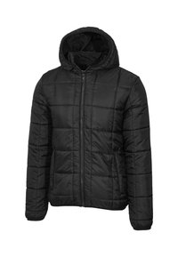 Giacca a piumino nera trapuntata con cappuccio. Presenta una cerniera frontale, tasche laterali e una finitura liscia e lucida. Design leggero e isolato.