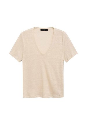 Beige bomulls t-shirt med v-ringning och korta ärmar. Har en mjuk, texturerad finish och en avslappnad passform, lämplig för avslappnad klädsel.