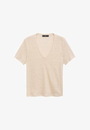 T-shirt en coton beige avec un col en V et des manches courtes. Présente une finition douce et texturée et une coupe décontractée, idéale pour un usage casual.