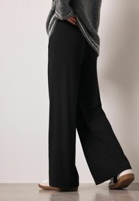Black wide-leg pants made of soft fabric, featuring a relaxed fit. Paired with white slip-on shoes. The texture appears smooth.
