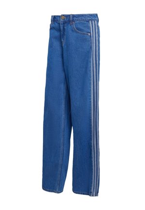 Blue denim wide-leg pants featuring a stitched waistband, front pockets, and three white stripes along the outer seams.