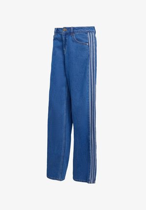 Blue denim wide-leg pants featuring a stitched waistband, front pockets, and three white stripes along the outer seams.