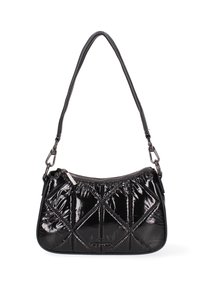 Borsa a tracolla in vernice nera con design trapuntato, dotata di una sola tracolla e hardware in tonalità argento. Chiusura a zip nella parte superiore.