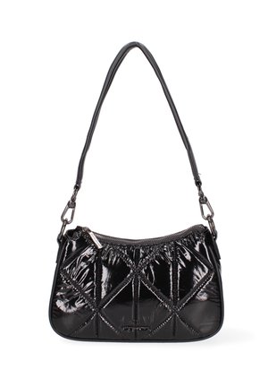 Black patent leather handbag with a quilted design, topped with a single shoulder strap and silver-toned hardware. Zipper closure at the top.