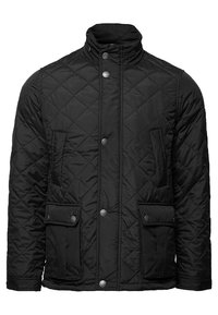 Giacca nera trapuntata con colletto alto, due tasche anteriori con chiusura a pressione e una texture liscia, progettata per calore e comfort.