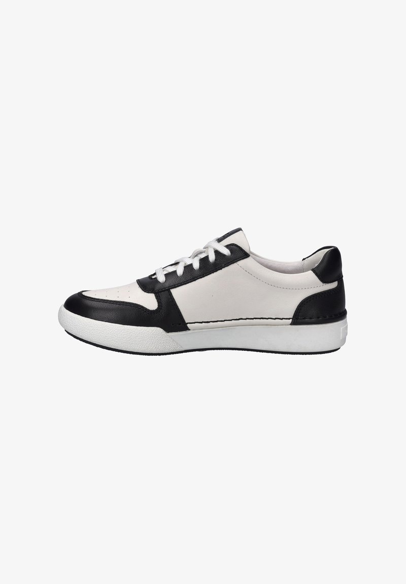Leather sneaker with a white body and black accents. Features a rounded toe, perforated detailing, and white laces on a textured sole.