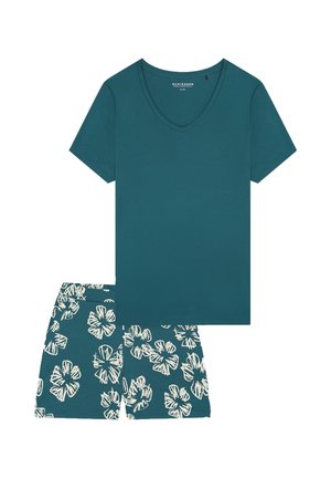 Maglietta di cotone color verde acqua a scollo a V abbinata a pantaloncini coordinati con motivi floreali bianchi. Tessuto morbido e design casual per il massimo comfort.