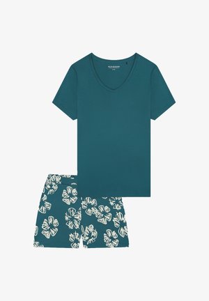 T-shirt en coton vert sarcelle à col en V associé à un short assorti avec des motifs floraux blancs. Texture douce et design décontracté pour le confort.
