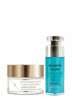 Krem nawilżający na dzień z kwasem hialuronowym i kolagenem, słoik z złotą pokrywką; serum Marine Glow, niebieska butelka, srebrna nakrętka, czarny tekst na etykiecie.