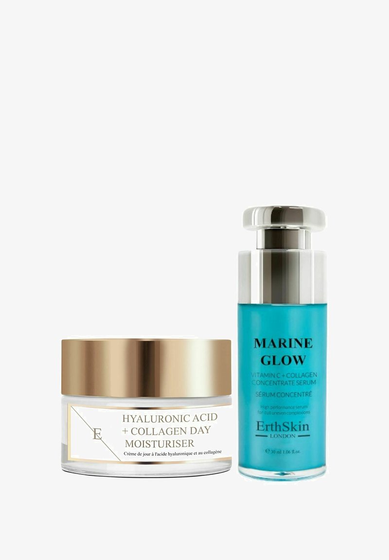 Hyaluronic Acid + Collagen Day Moisturiser, jar with gold lid; Marine Glow serum, blue bottle, silver cap, black text on label.